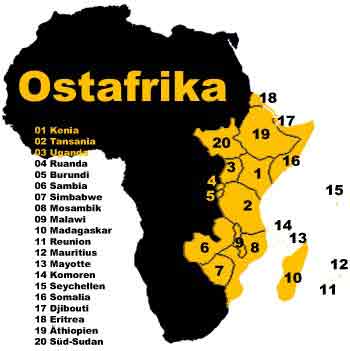 Karte von Ostafrika mit Ländernamen